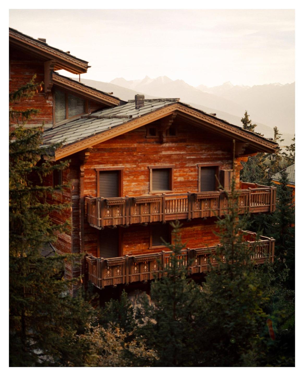 A wooden chalet with multiple balconies is nestled among pine trees, with mountains visible in the hazy background.