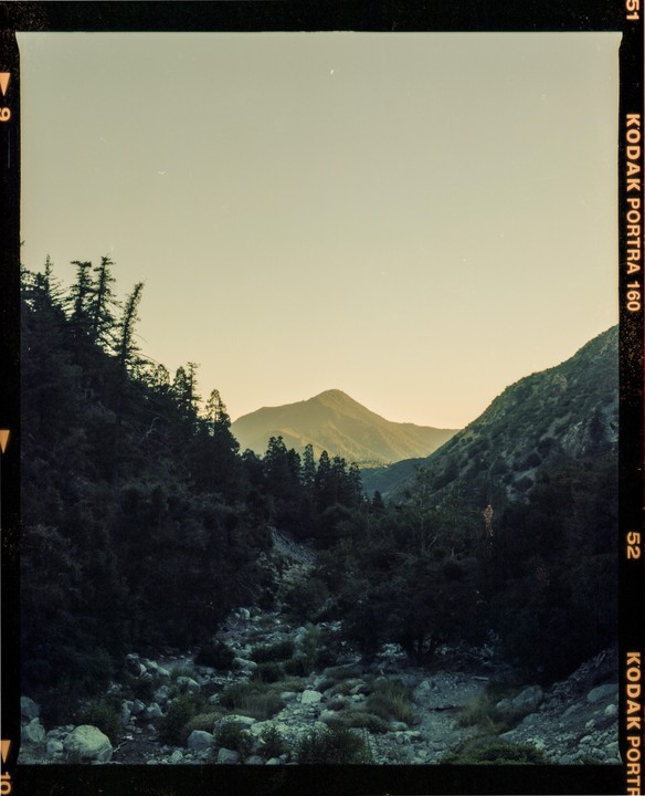 A mountain valley with a dry riverbed is surrounded by dark trees and mountains under a pale sky.
