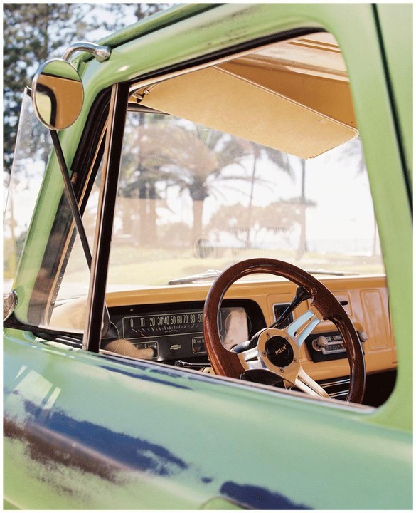 A green vintage truck is parked with a view of palm trees and the ocean through the windshield.