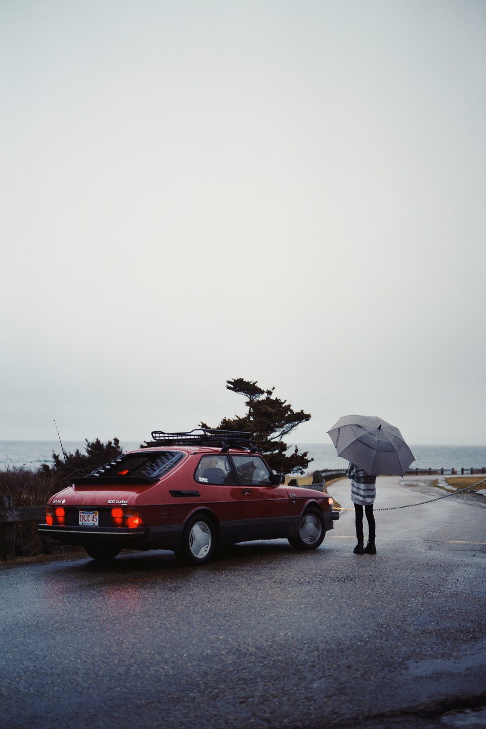 A person holding an umbrella stands next to a red car on a wet road overlooking the ocean.