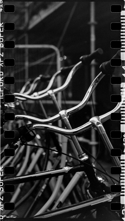 A row of bicycles is parked with their handlebars visible in the foreground.
