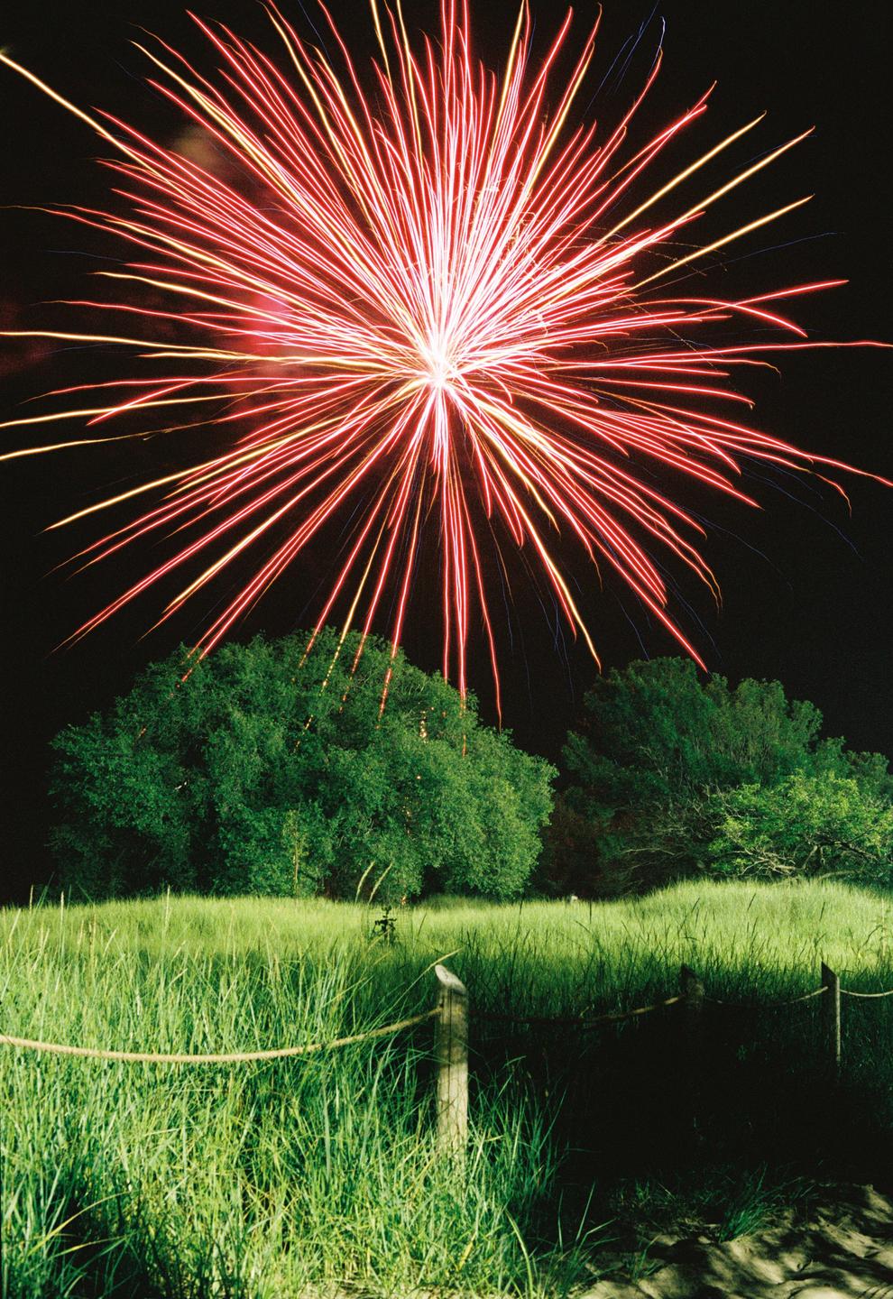 A bright red and yellow firework explodes over a field of green grass and trees at night.