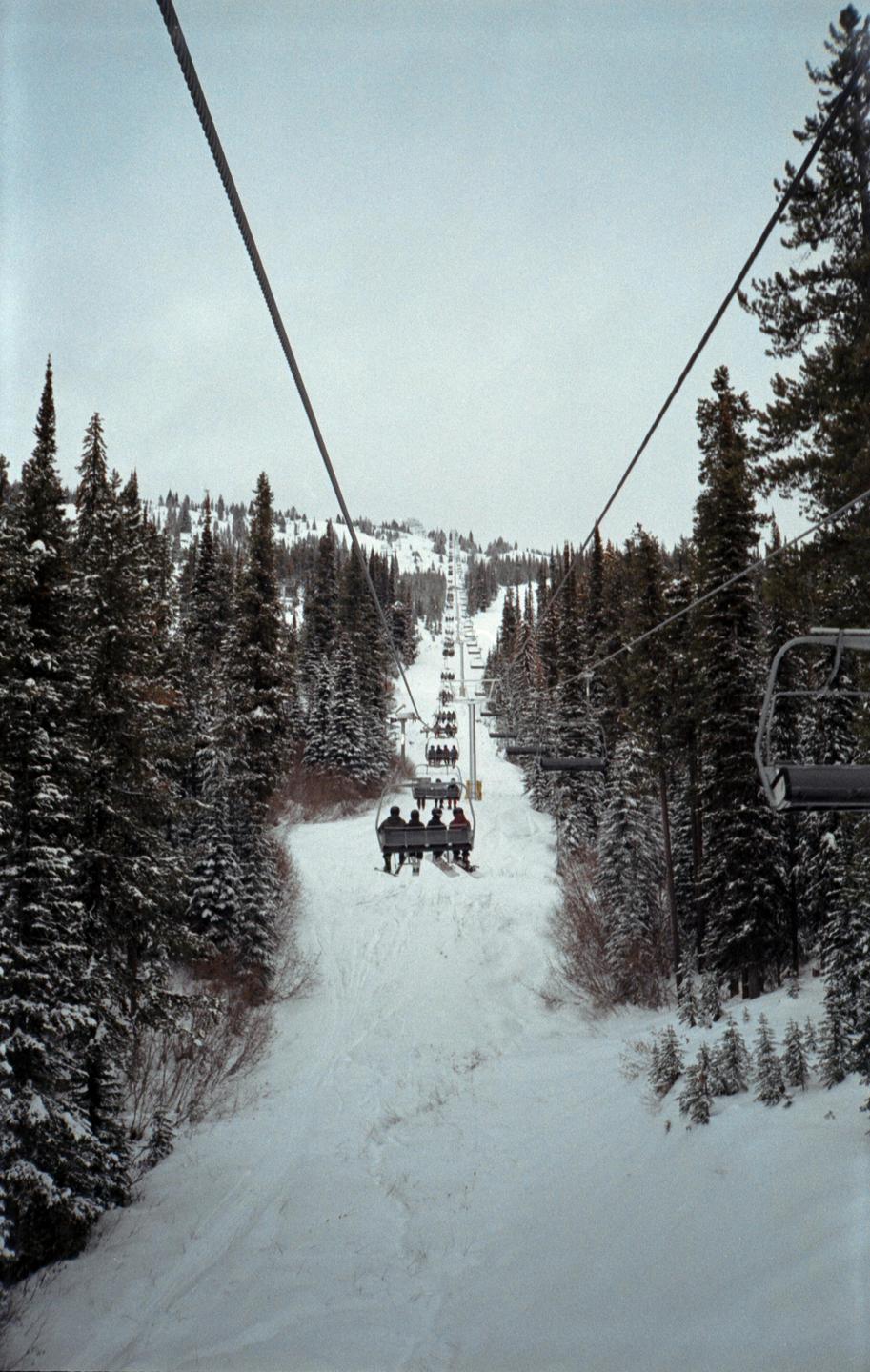 People ride a ski lift up a snowy mountain surrounded by pine trees.