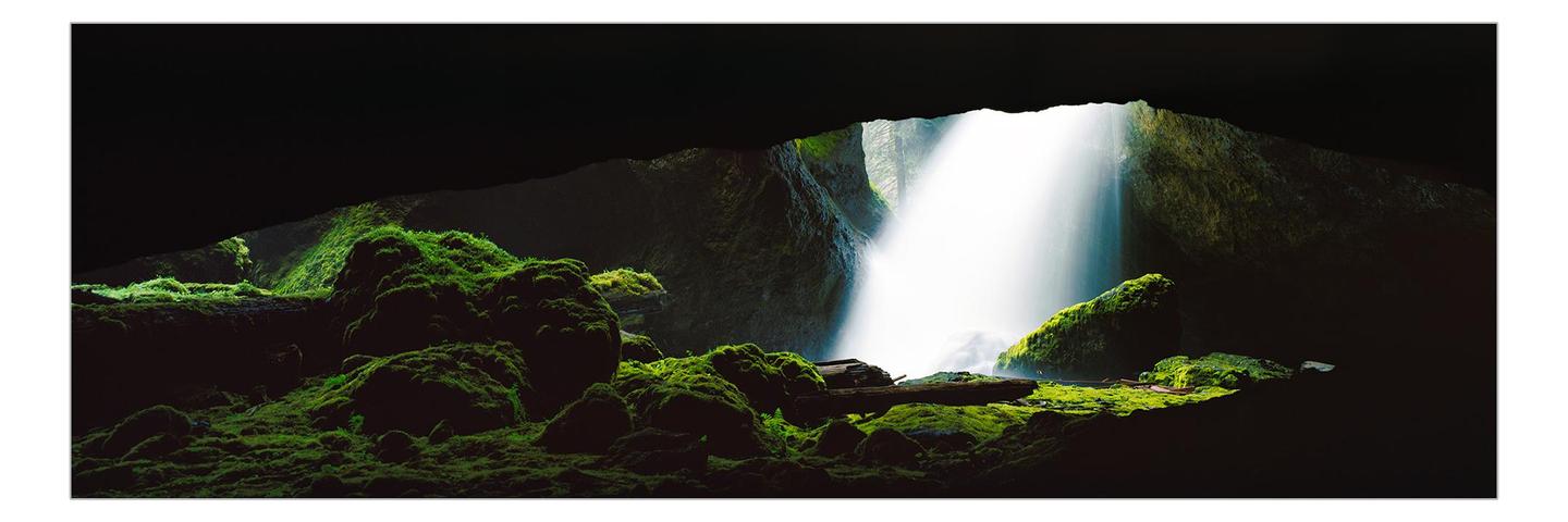 A bright waterfall cascades into a dark cave, illuminating moss-covered rocks and logs.
