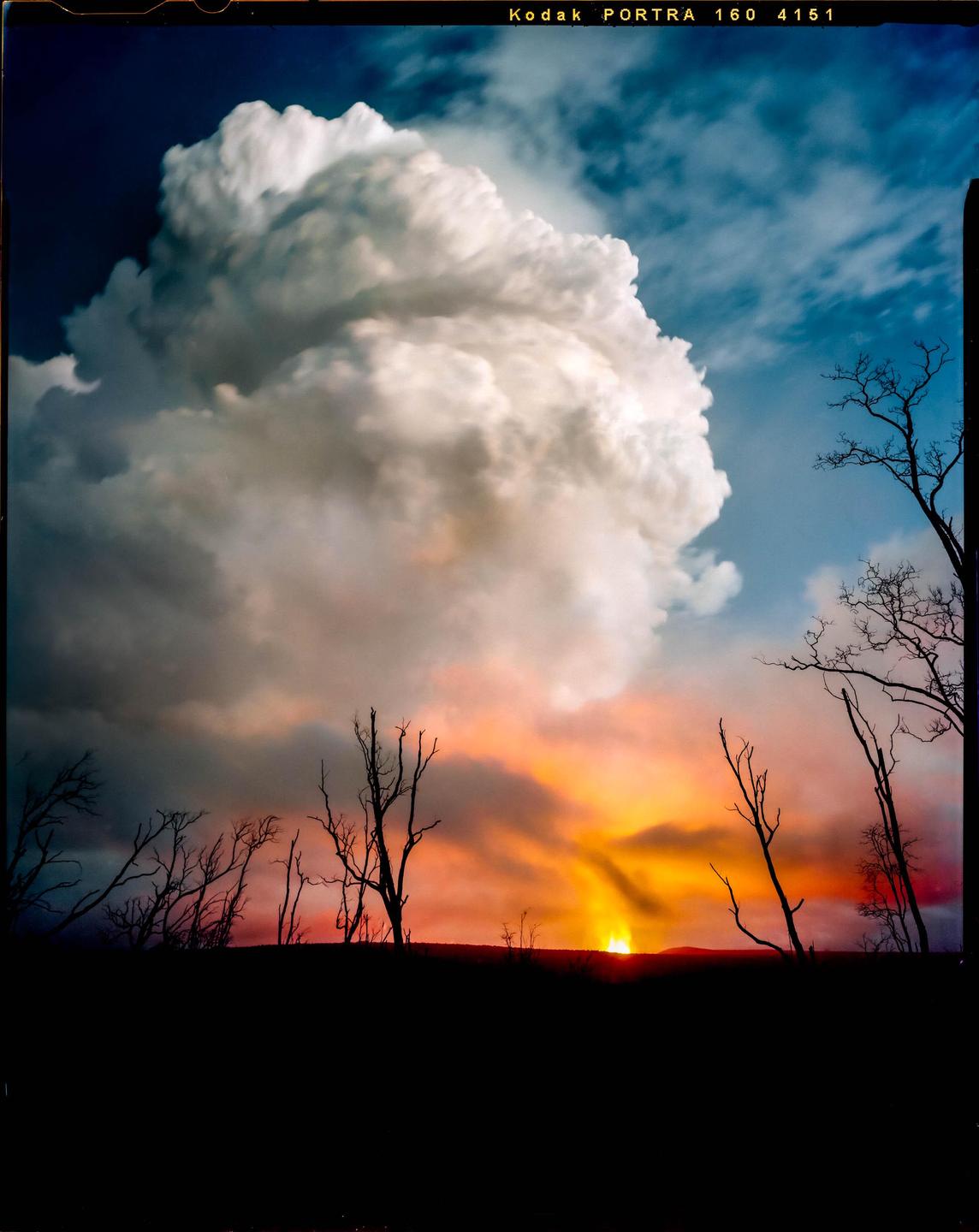 A large cloud rises above a landscape with silhouetted trees and a vibrant sunset.