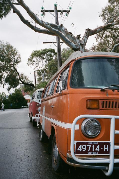 Two vans are parked on a wet street under a cloudy sky, with a tree and power lines overhead.