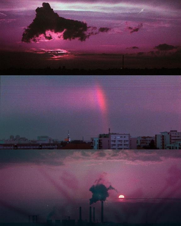 Three images are stacked vertically, showing a purple sky with clouds, a cityscape, and industrial smokestacks with a setting sun.