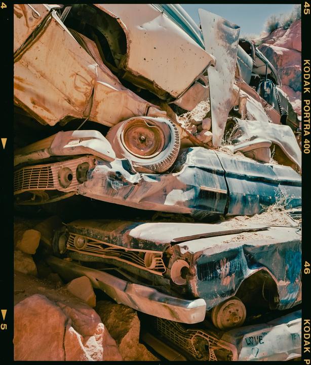 A pile of old, rusted, and broken cars are stacked on top of each other in a junkyard.