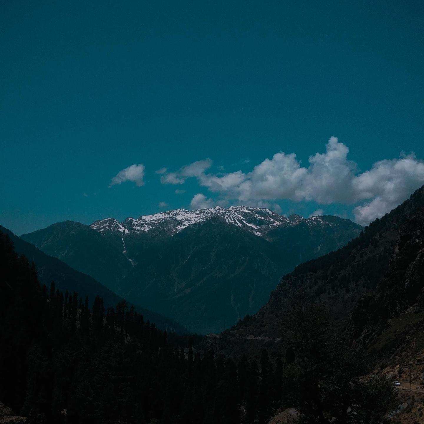 Snow-capped mountains rise above a valley with dark trees under a blue sky with white clouds.