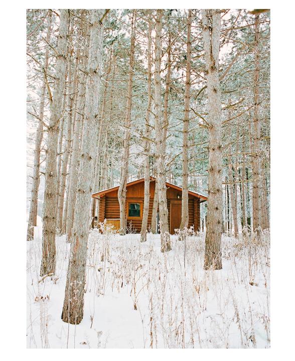 A wooden cabin is nestled among snow-covered pine trees in a winter forest.