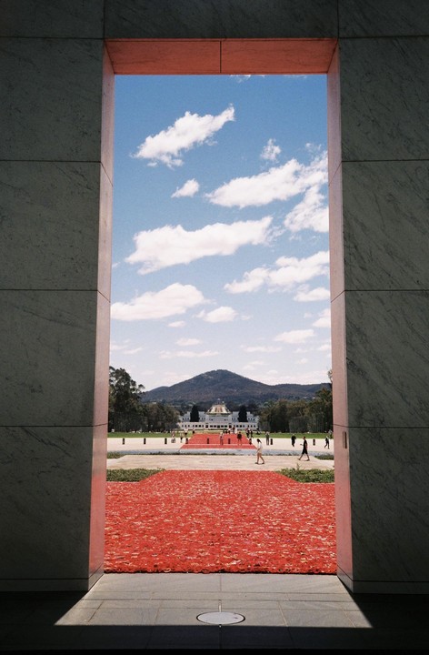 A view through a large rectangular opening shows a red poppy display leading to a distant building with a dome, a mountain, and a blue sky with clouds.