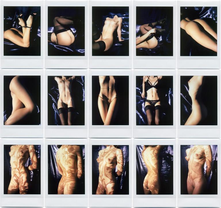 A grid of fifteen instant film prints shows a woman posing in various states of undress, some with projected patterns on her body.
