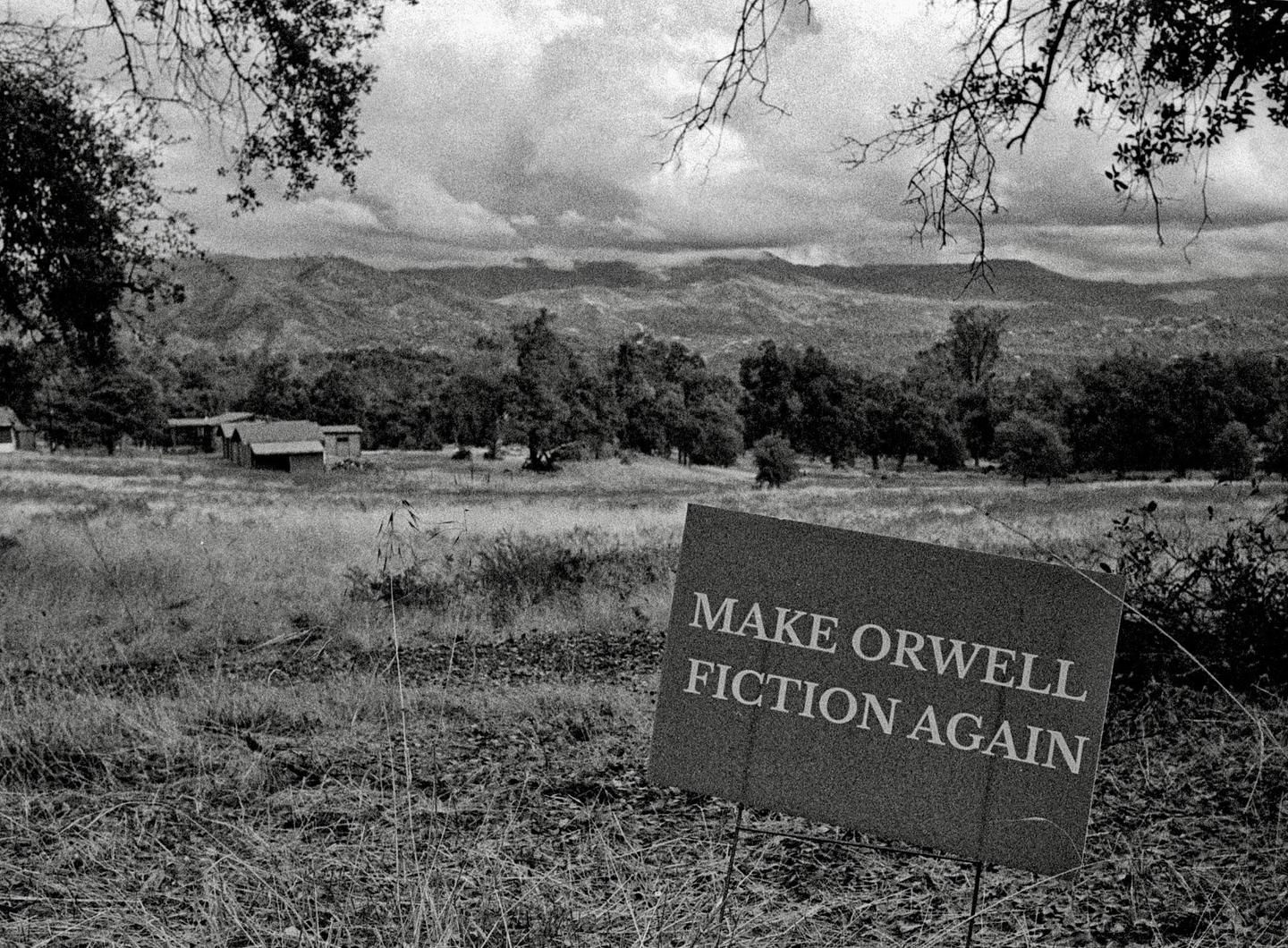 A sign reading "MAKE ORWELL FICTION AGAIN" stands in a rural landscape with mountains and trees in the background.