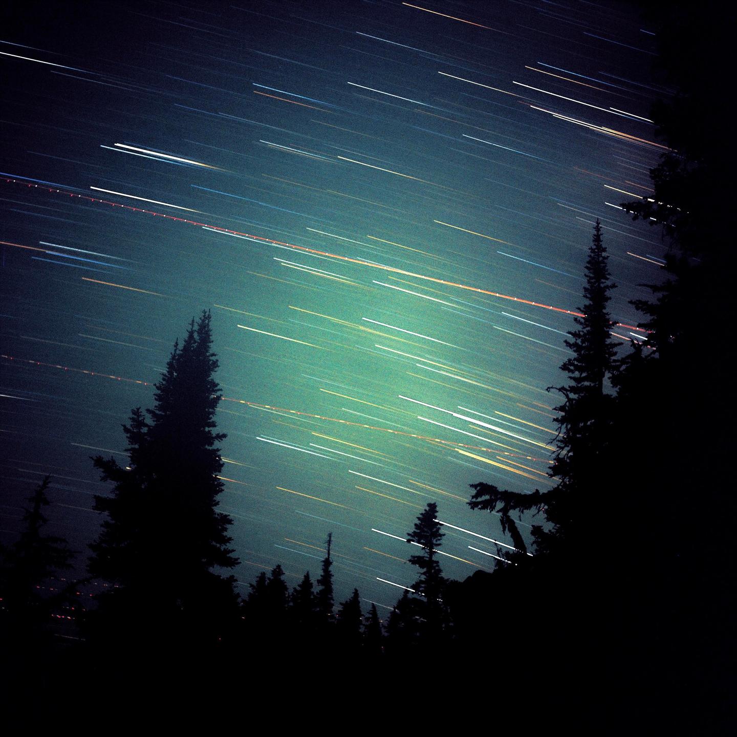 Star trails streak across the night sky above a forest.