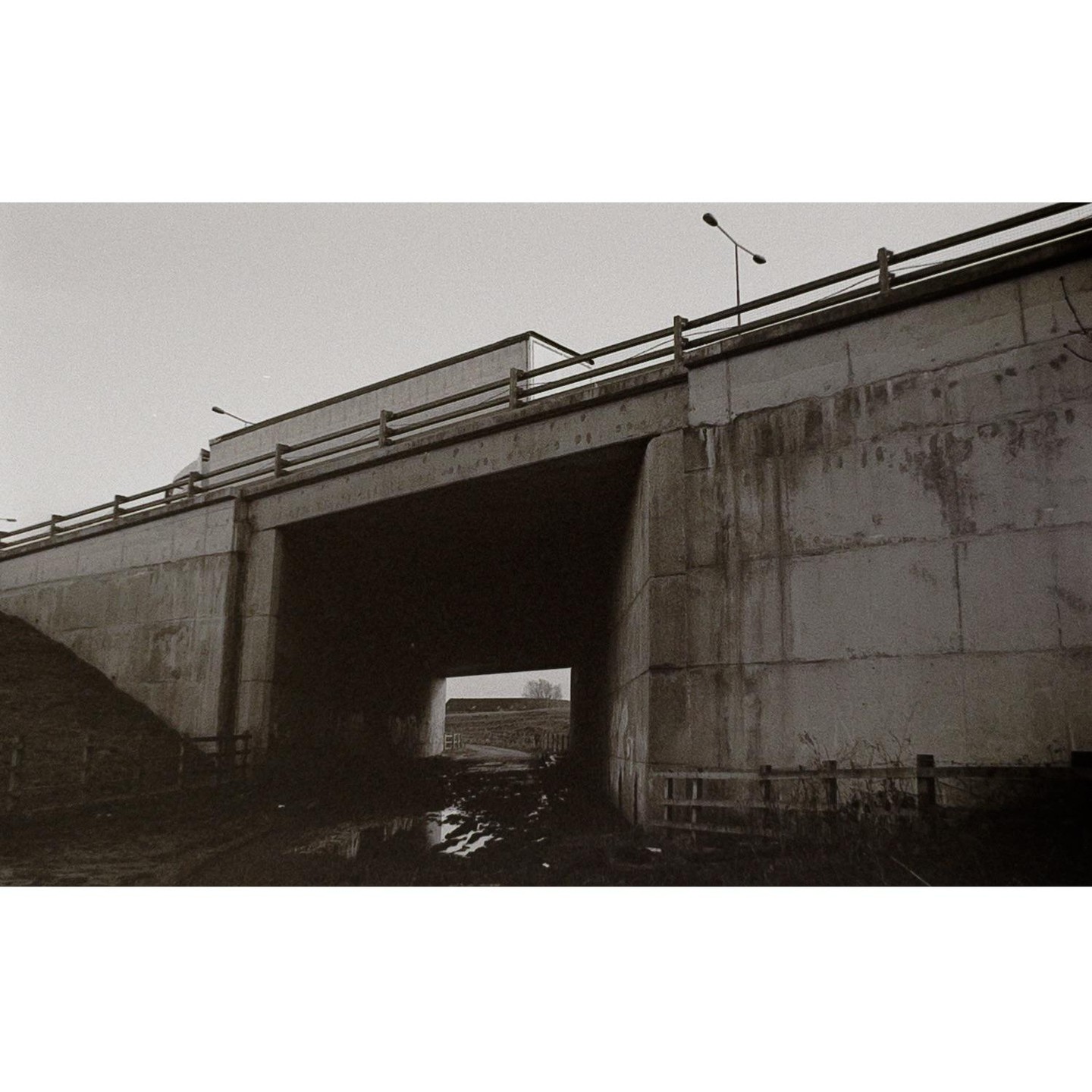 A concrete overpass with a dark tunnel and muddy ground is visible under a gray sky.