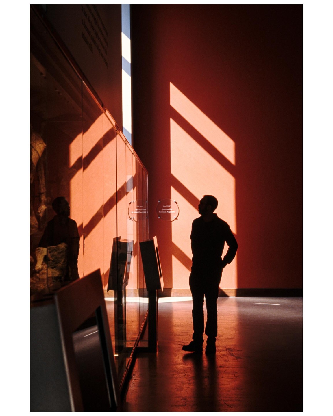 A man stands silhouetted against a red wall with strong diagonal shadows in a museum.