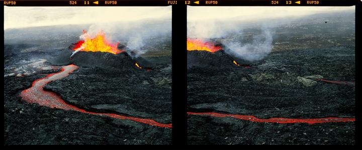 A diptych shows a volcanic eruption with a river of lava flowing through a dark, rocky landscape.