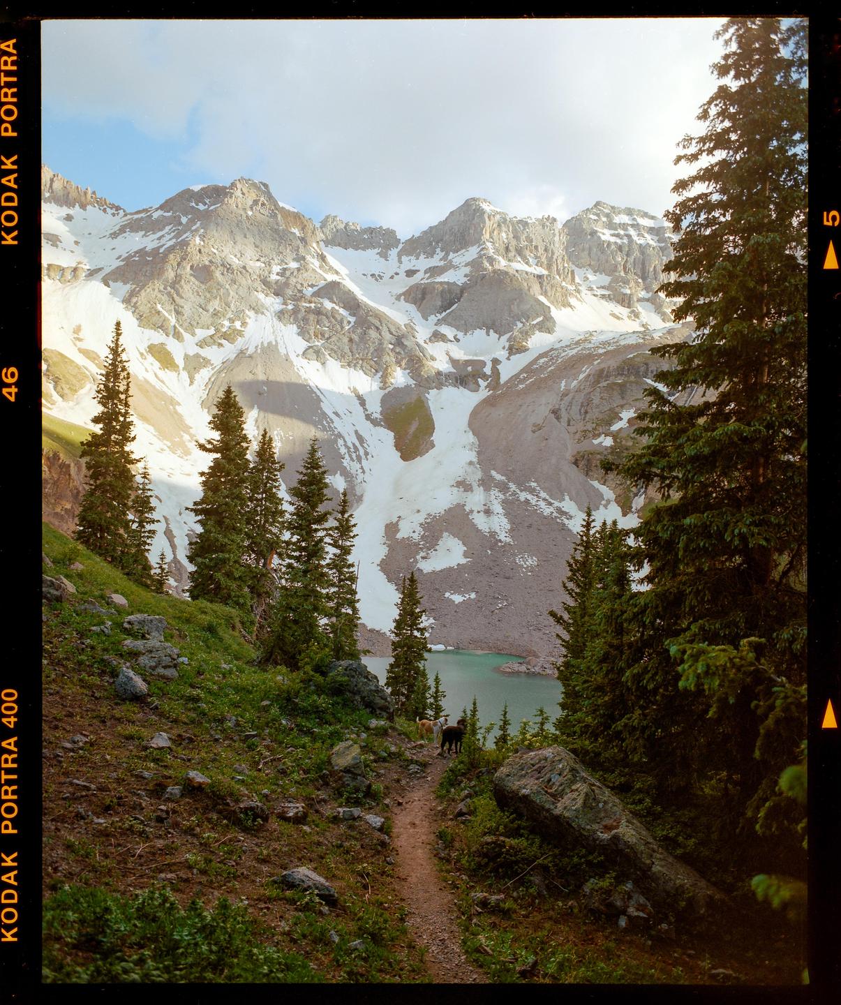 A dirt path leads down to a turquoise lake surrounded by pine trees and snow-capped mountains.