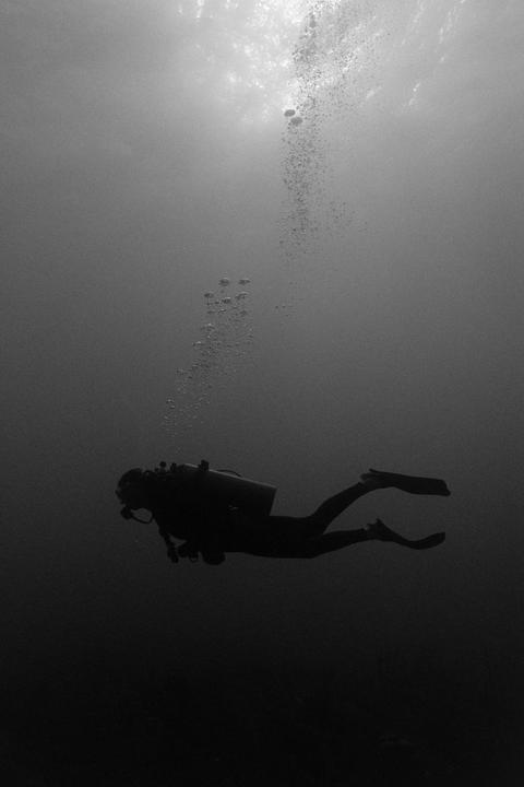 A diver is visible underwater with bubbles rising towards the surface.