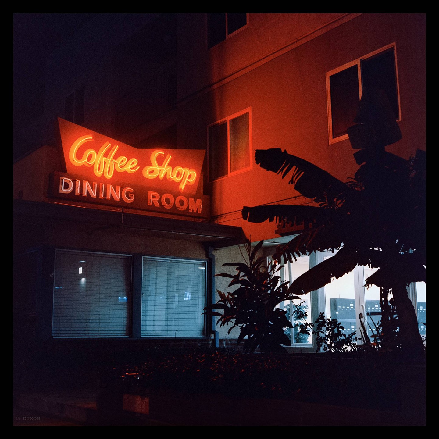 A neon sign for a coffee shop and dining room illuminates a building at night.