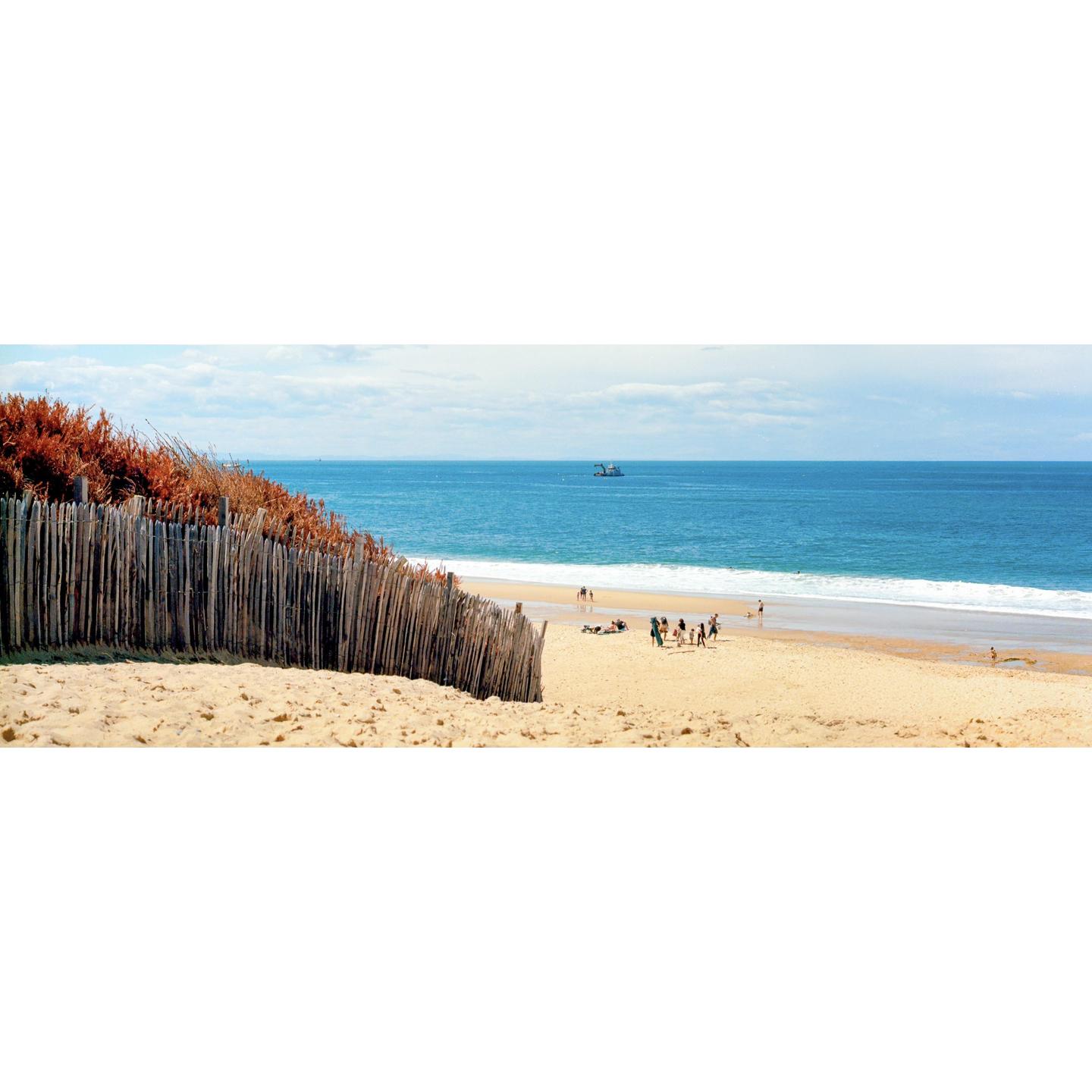 A wooden fence and dry vegetation line a sandy beach with people and a boat in the distance.