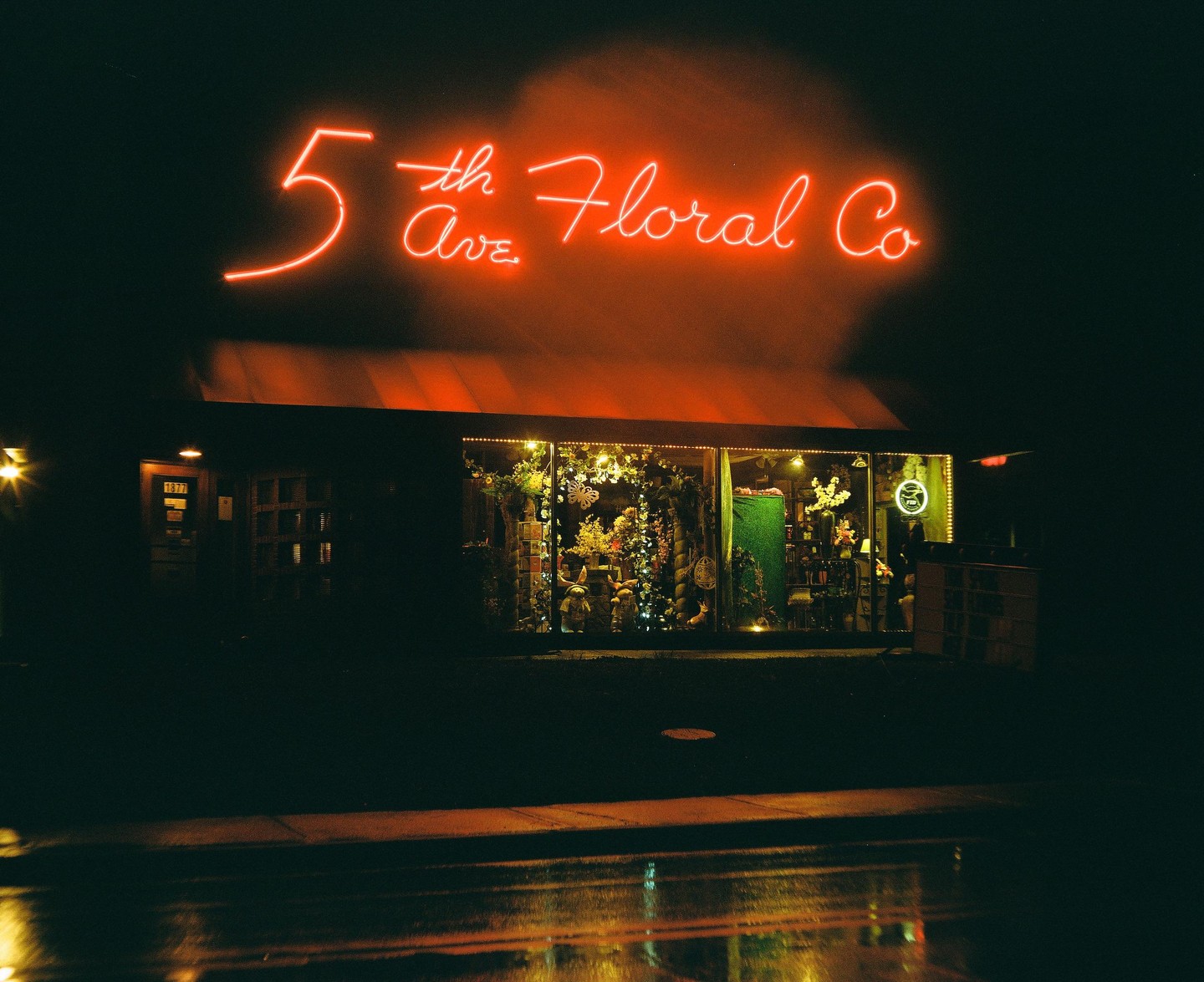 A neon sign for "5th Ave Floral Co" illuminates a storefront at night, with reflections on the wet street.