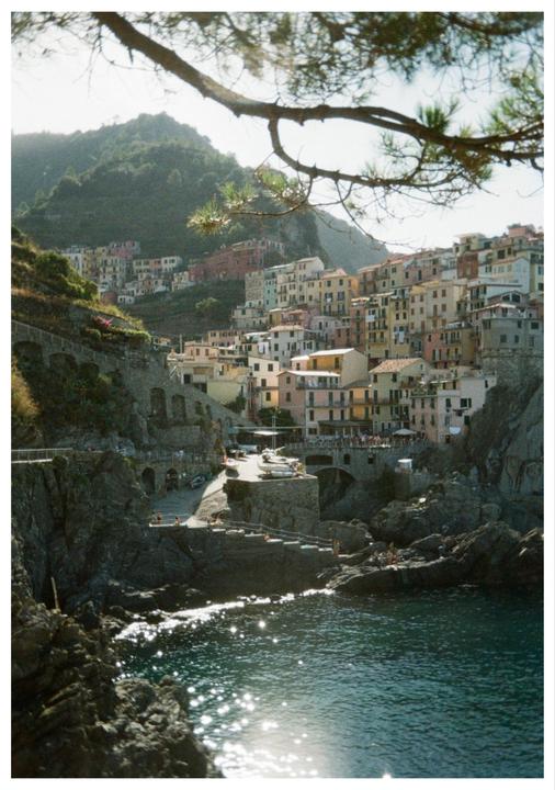 A hillside village with colorful buildings overlooks a sparkling sea, with a tree branch in the foreground.