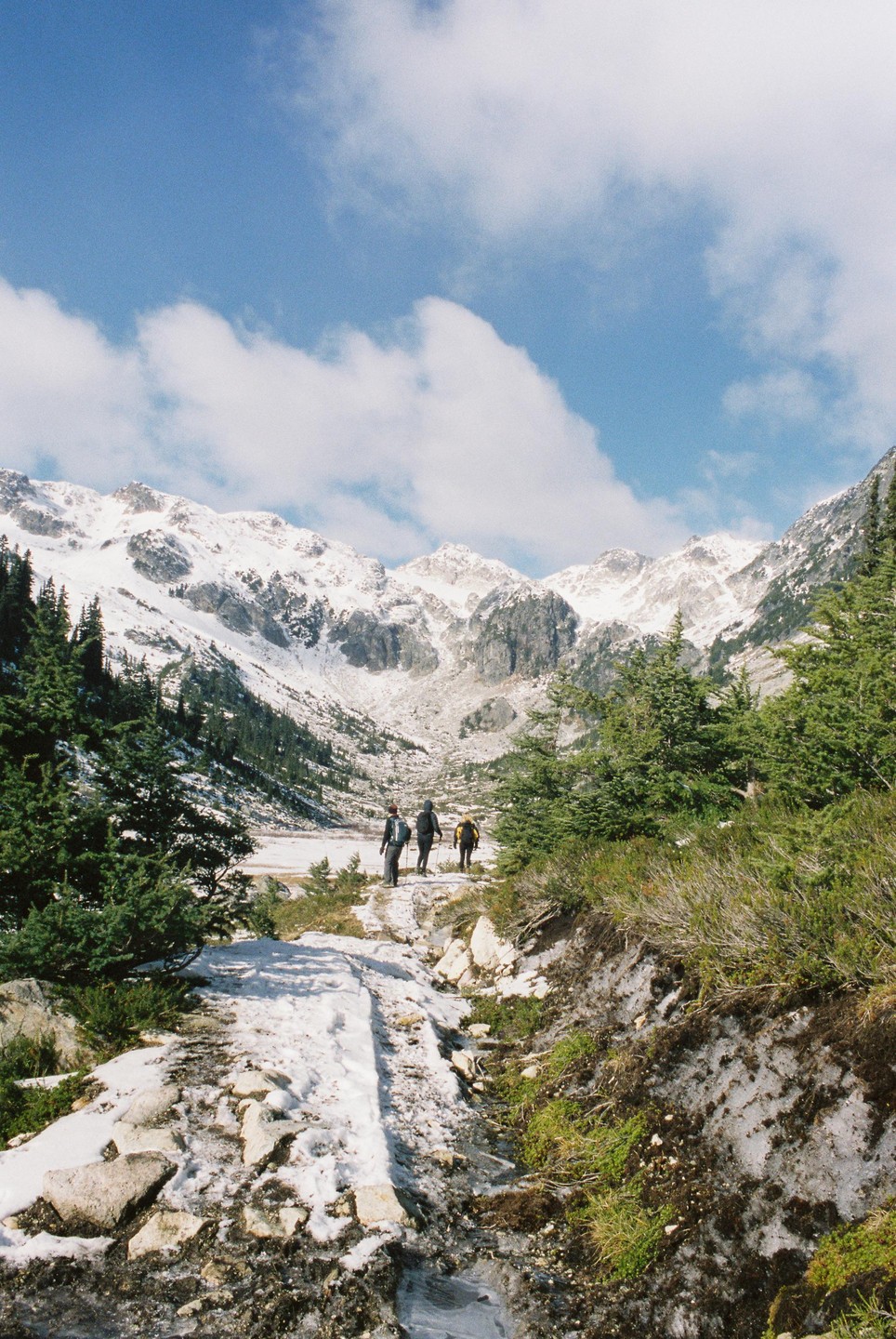 Three hikers walk along a snowy path through a mountain valley with pine trees and a lake.