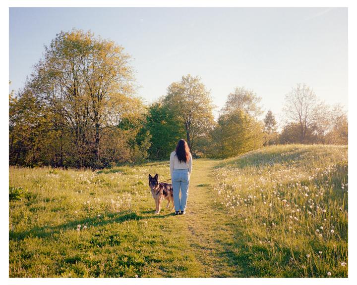 A woman and a dog stand on a grassy path surrounded by trees and dandelions.