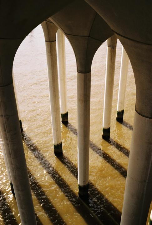 Sunlight reflects on the water between the pillars of Little Island in New York.