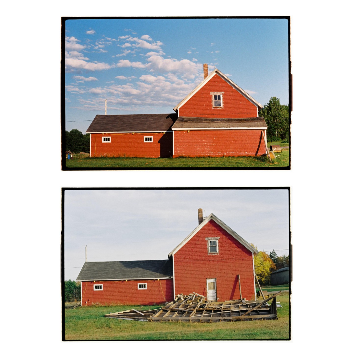 Two images show a red house and an attached shed, with the bottom image showing debris from a collapsed structure in front of the house.