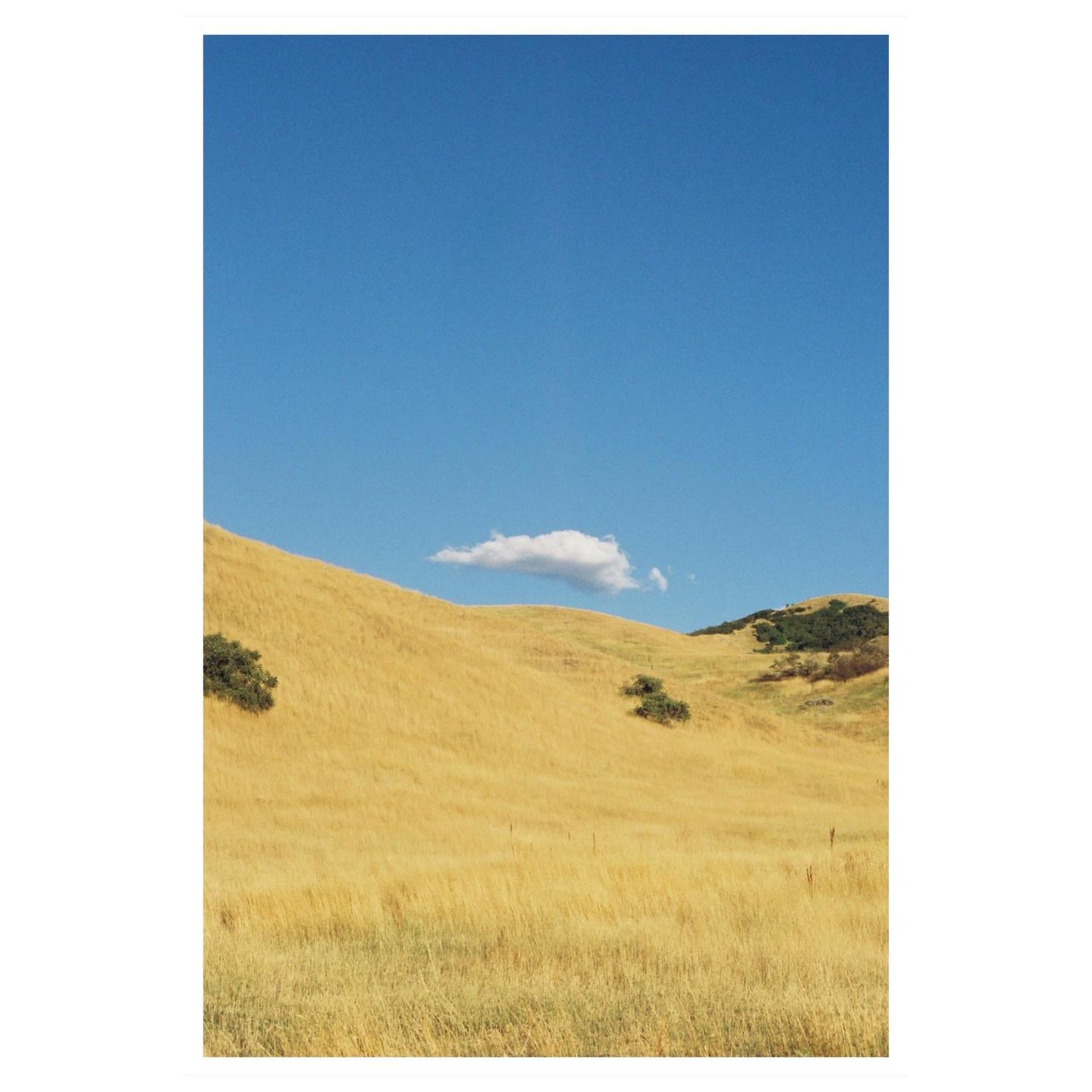 A single cloud floats above a golden hillside with scattered green bushes under a clear blue sky.