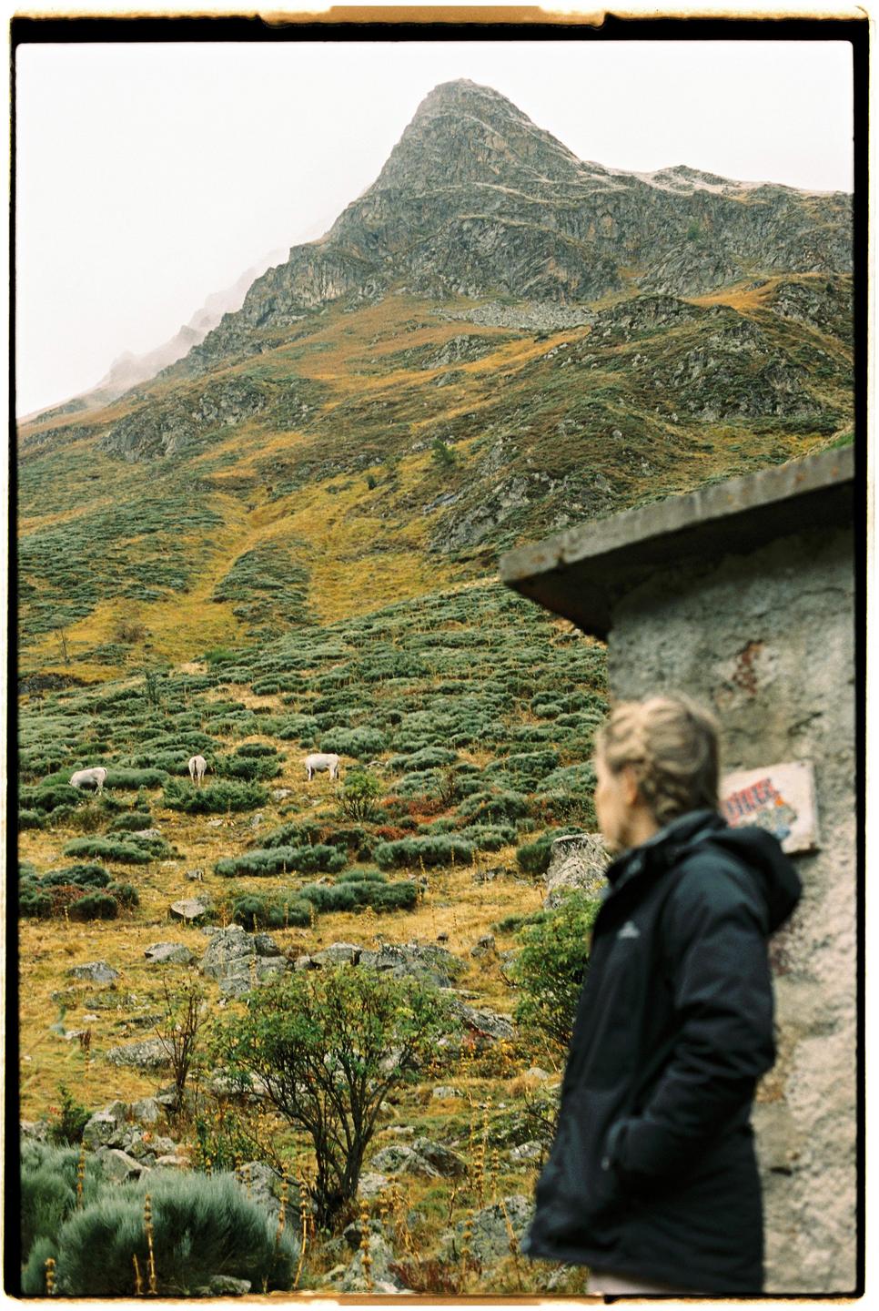 A woman stands next to a stone building, looking out at a mountain landscape with sheep grazing on a hillside.