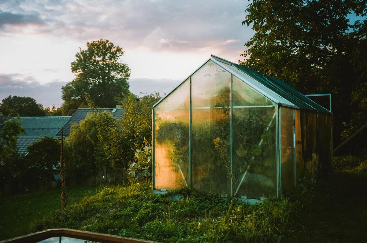 A greenhouse stands in a grassy area with houses and trees in the background under a cloudy sky.