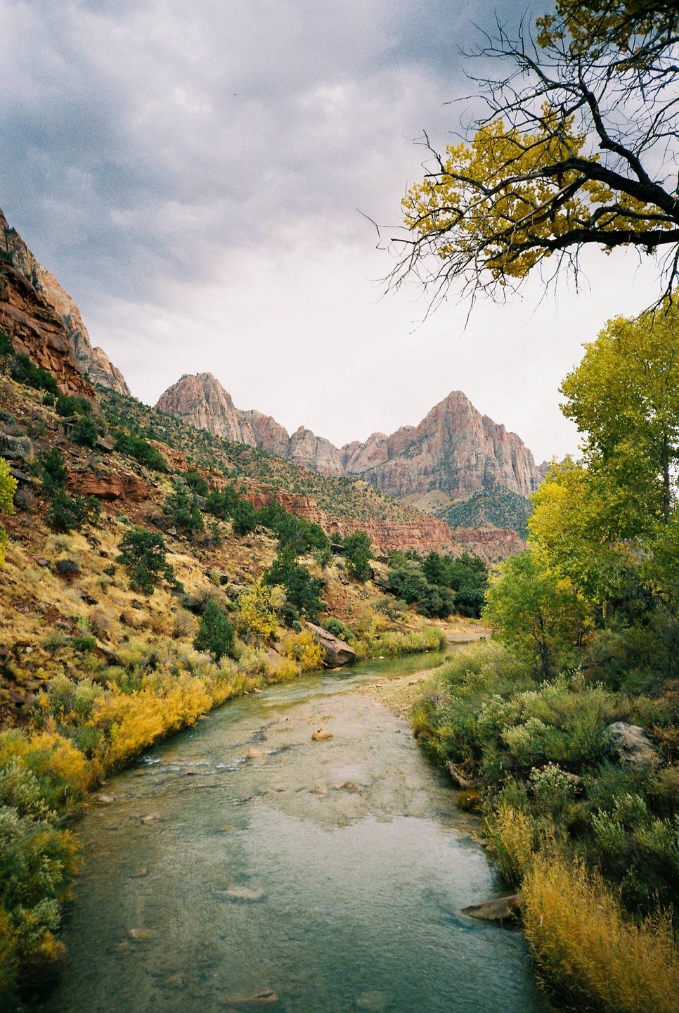 A river flows through a valley with mountains and trees under a cloudy sky.