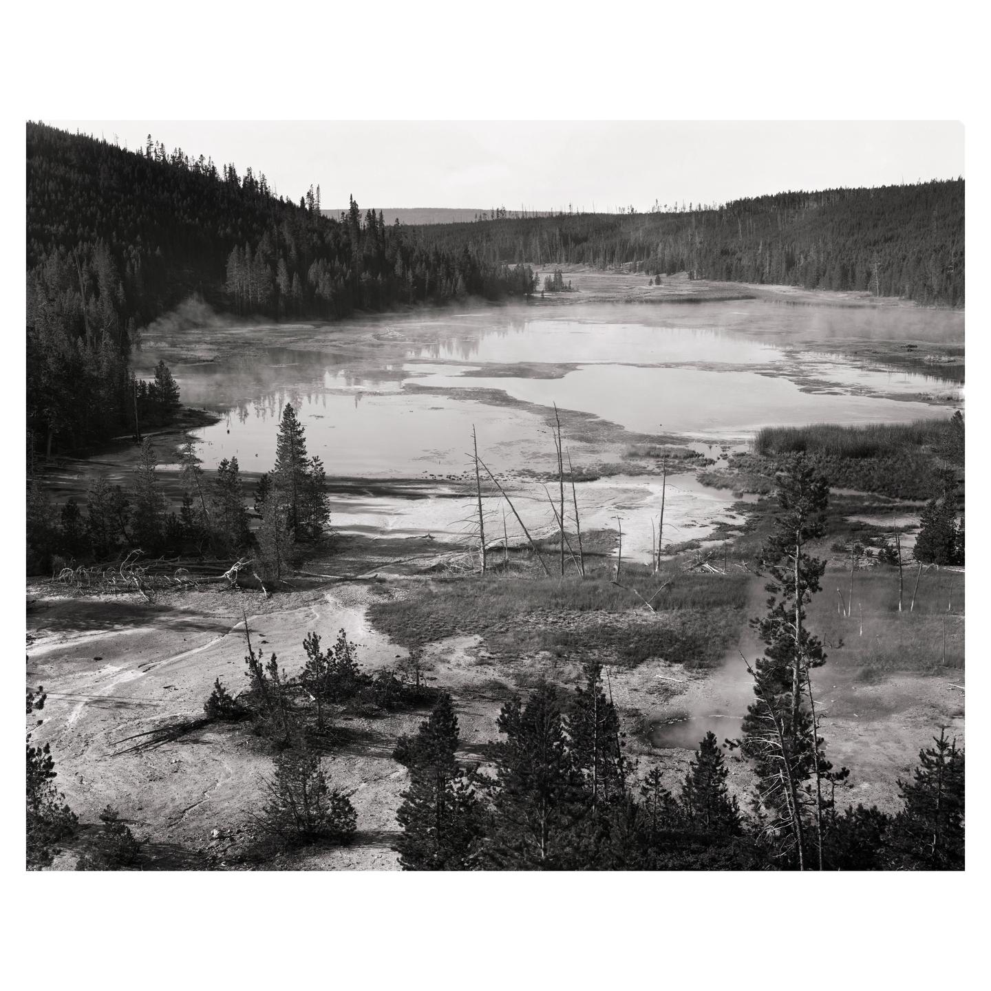 A body of water with steam rising from it is surrounded by a forest.