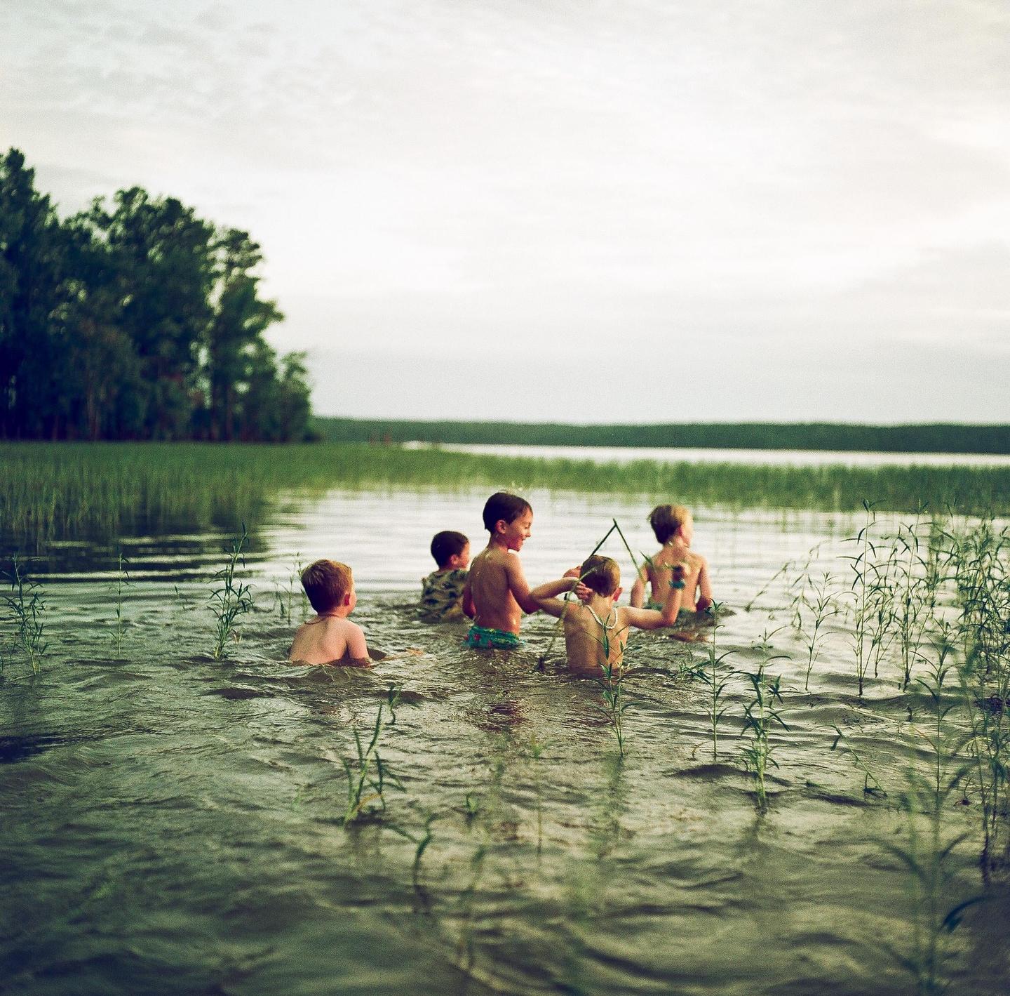 Five boys are wading in a lake with tall grass and trees in the background.
