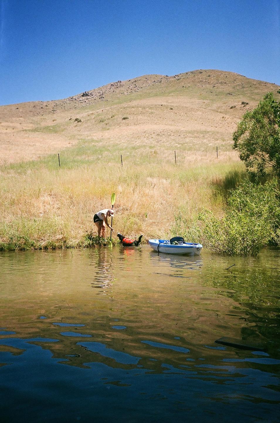 A woman and a dog in a life vest are next to a kayak on the edge of a body of water with a grassy hill in the background.