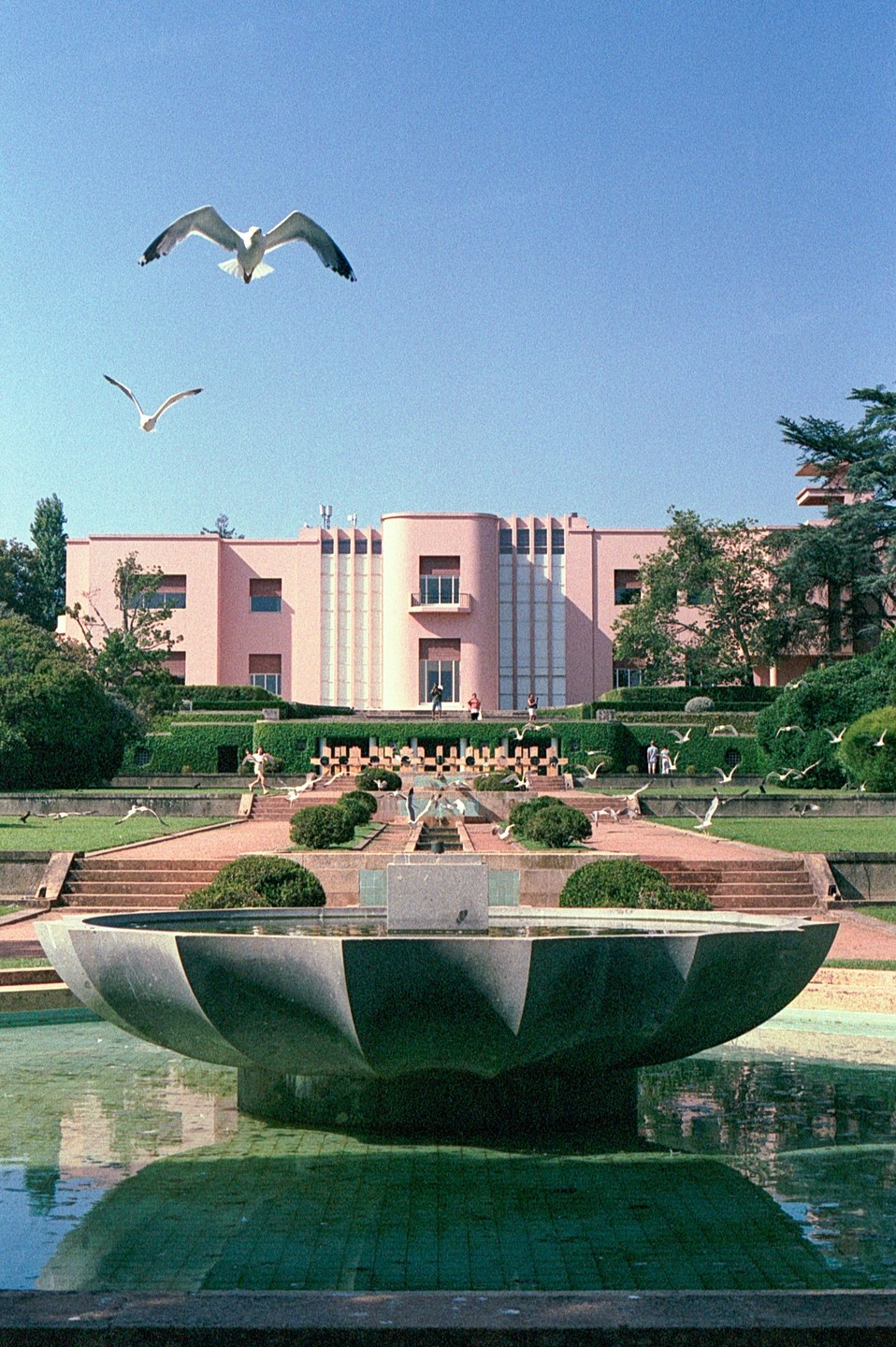 Two seagulls fly over a large pink building with a terraced garden and a fountain in the foreground.