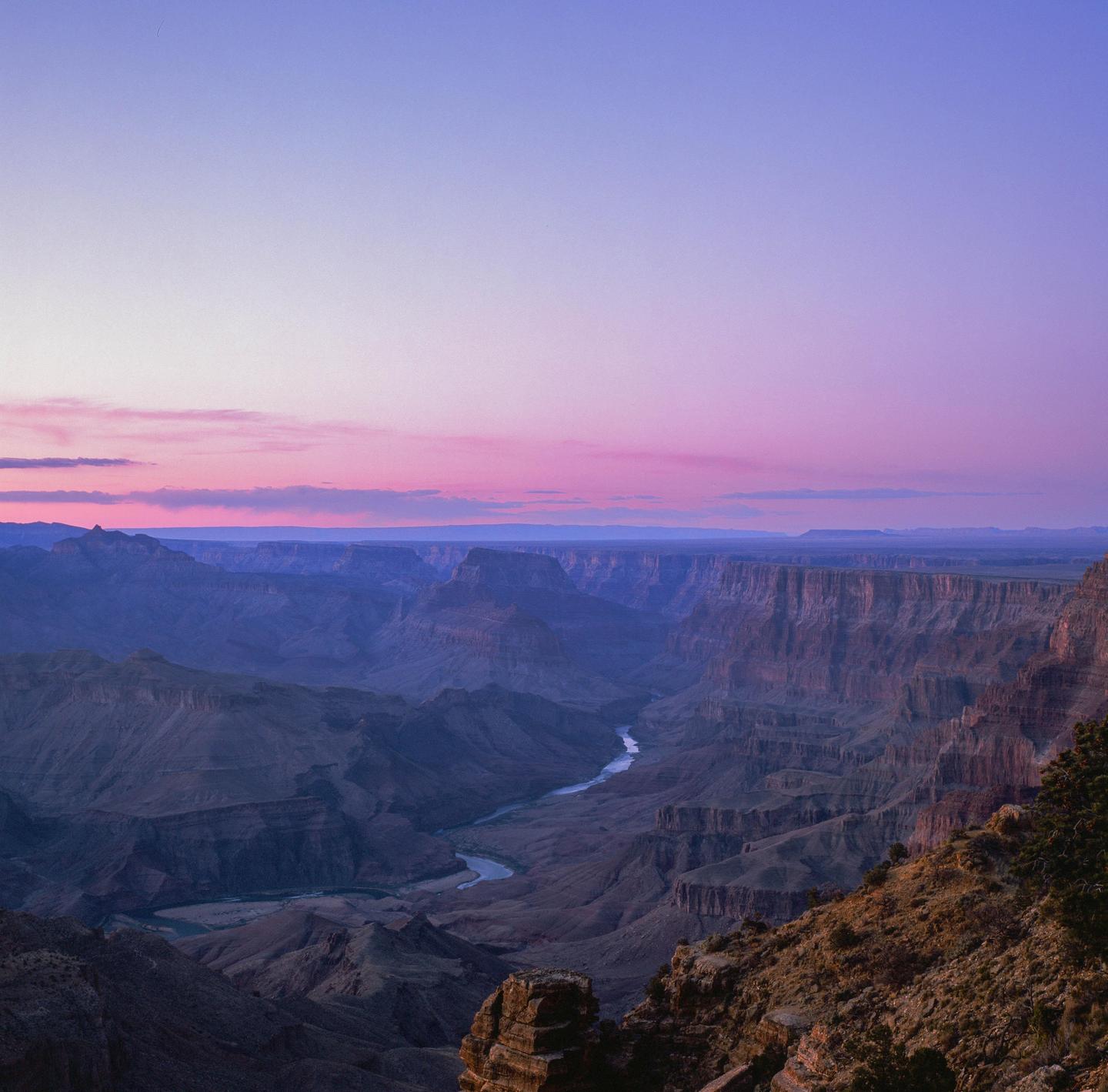 A river winds through a vast canyon under a sky with pink and purple hues.