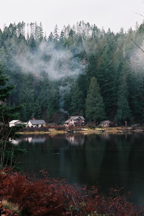 Houses sit along the edge of a dark lake with a dense forest behind them, and smoke rises from one of the chimneys.