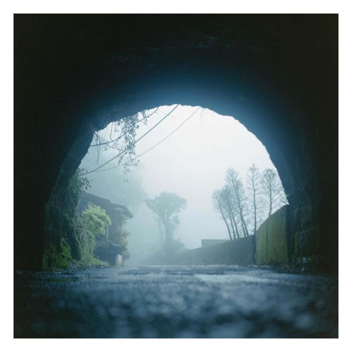 A misty road emerges from a dark tunnel, with trees and buildings visible through the fog.