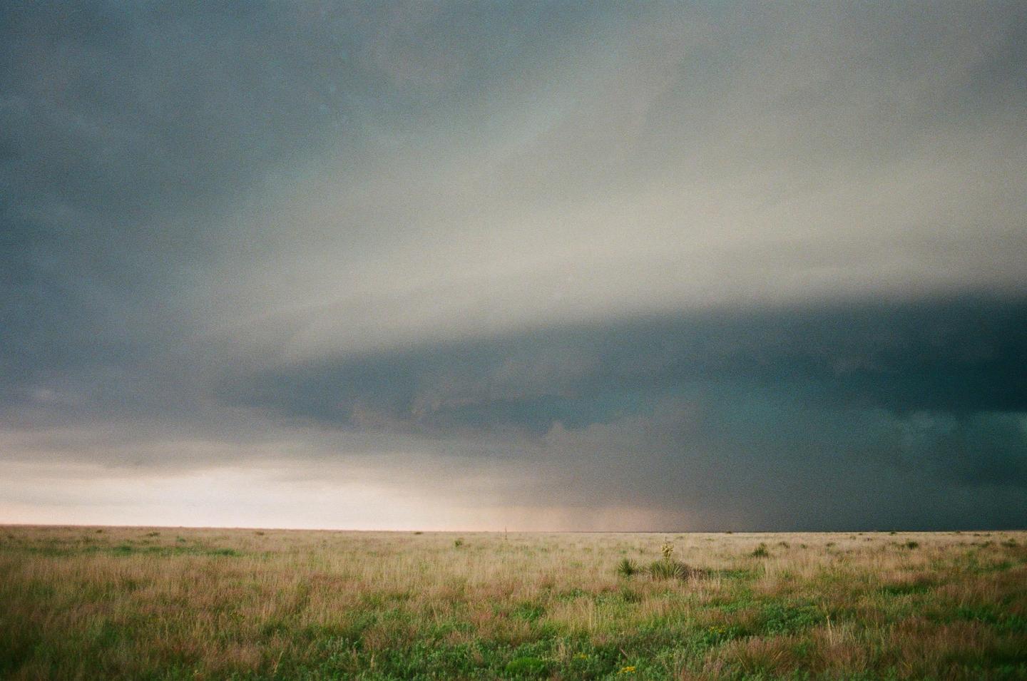 A vast field of grass stretches under a dramatic, dark storm sky.