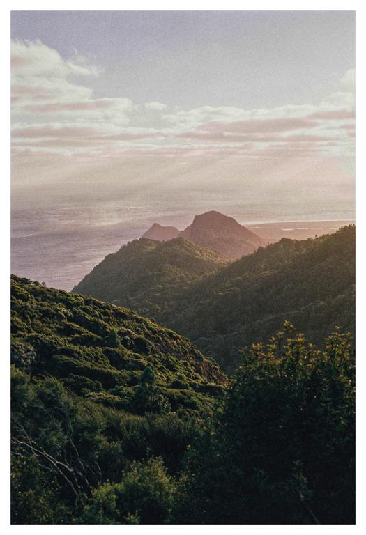 A mountain ridge covered in green foliage overlooks the ocean under a cloudy sky.