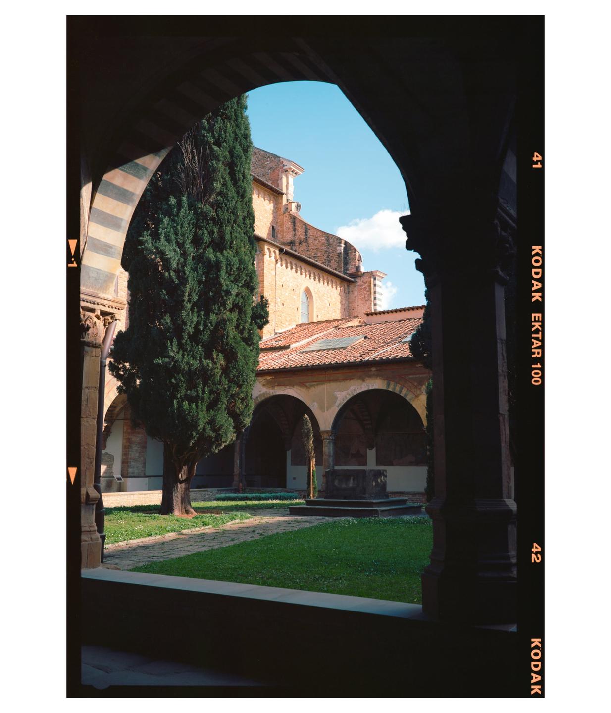 A courtyard with a tall cypress tree and a well is framed by dark arches, with a building and blue sky visible in the background.