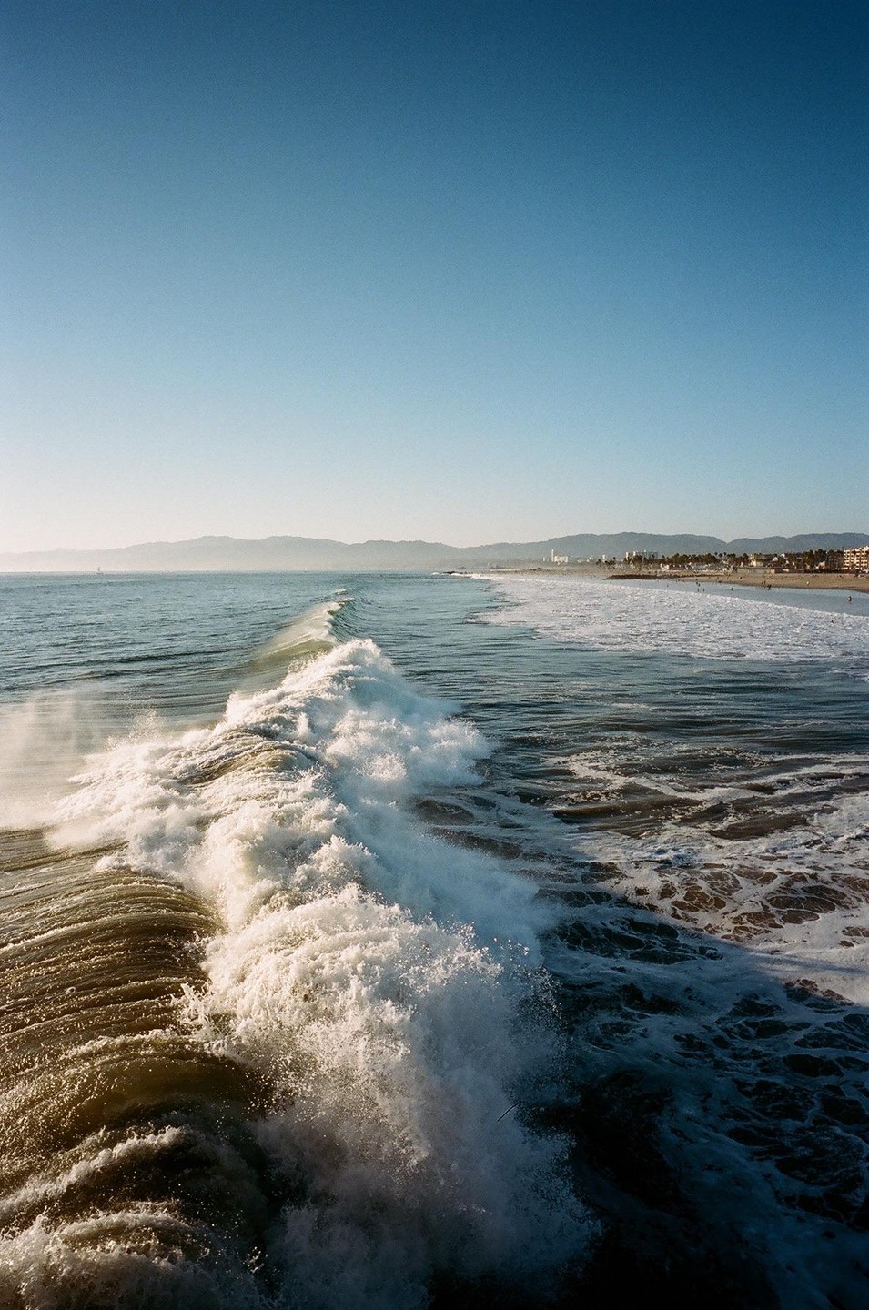 A large wave crashes in the ocean with a beach and mountains in the background.