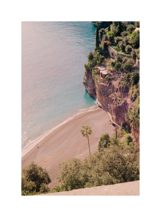 A high-angle landscape shows a beach with a single palm tree next to a cliff with buildings and the sea.