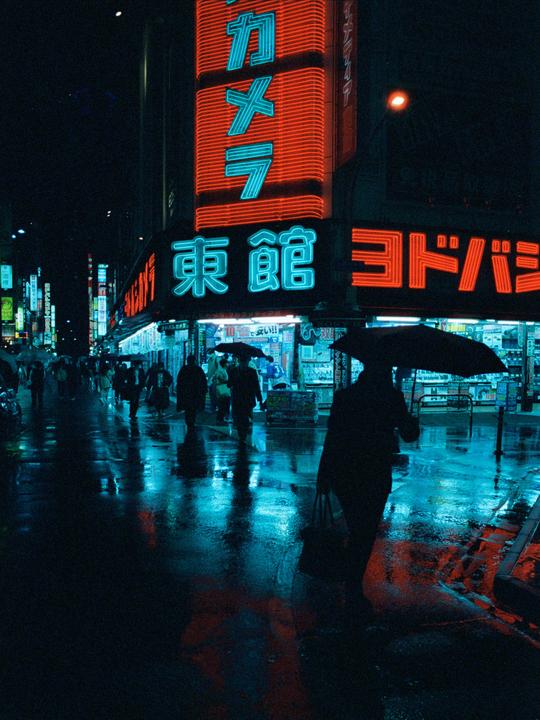 A person with an umbrella walks on a wet street at night, reflecting neon signs.