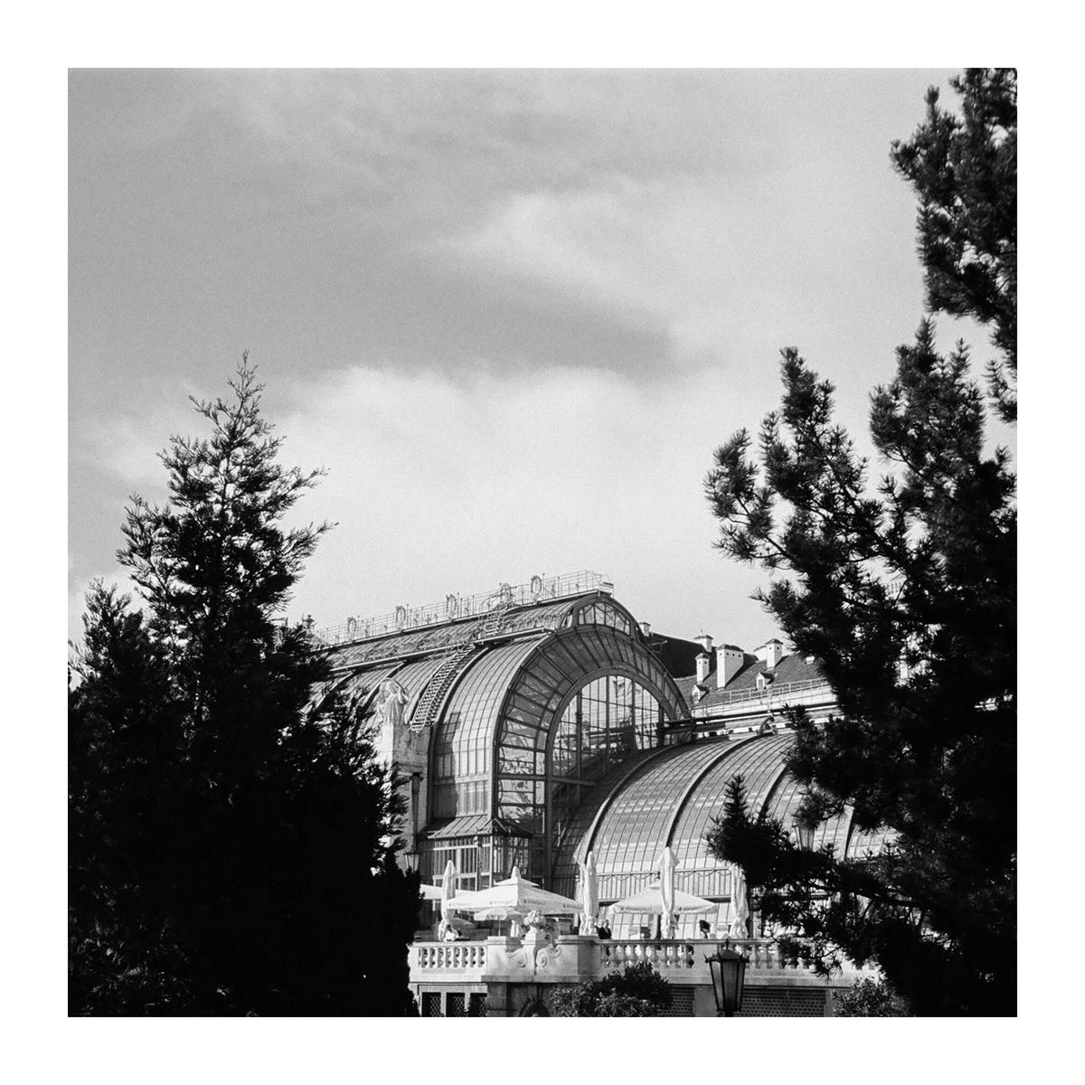 A large glass building with arched roofs is framed by dark trees against a cloudy sky.