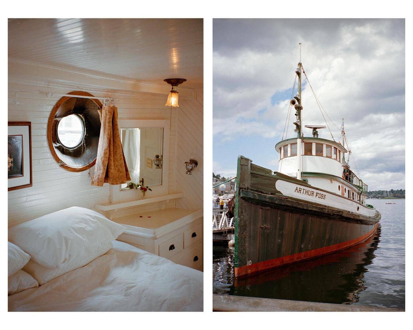 A two-panel image shows a bedroom with a porthole and a boat named Arthur Foss docked in water.